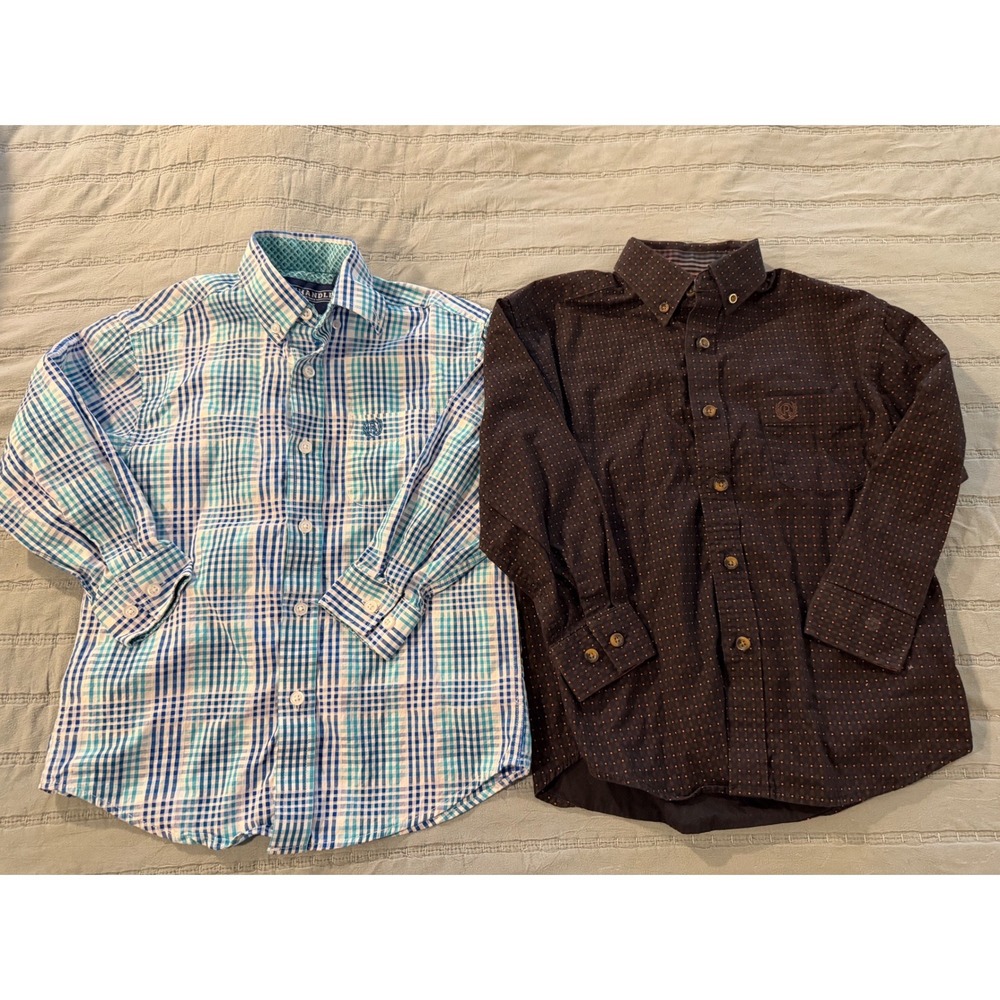 Panhandle Slim Boys Lot of 2 Button Down Shirts Plaid Brown Size 6 Long Sleeve